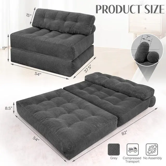 Alt view image 2 of 7 - Folding Sofa Bed, Foldable Floor Sofa Lounge w/Dual-Pillow & Handle, Convertible Sleeper Chair Bed w/Back Support for Living Room, Bedroom, Apartment, Office, Grey, Full