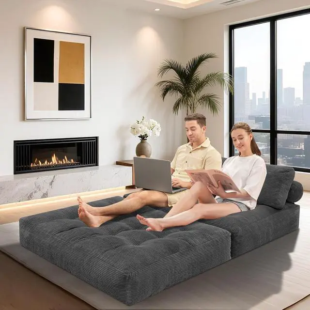 Alt view image 4 of 7 - Folding Sofa Bed, Foldable Floor Sofa Lounge w/Dual-Pillow & Handle, Convertible Sleeper Chair Bed w/Back Support for Living Room, Bedroom, Apartment, Office, Grey, Full