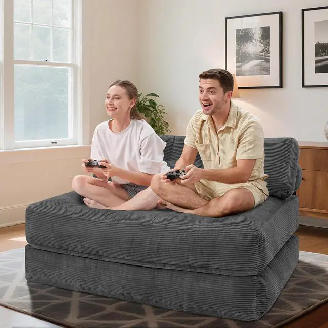 Alt view image 3 of 7 - Folding Sofa Bed, Foldable Floor Sofa Lounge w/Dual-Pillow & Handle, Convertible Sleeper Chair Bed w/Back Support for Living Room, Bedroom, Apartment, Office, Grey, Full