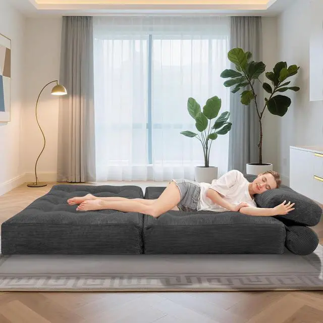 Alt view image 5 of 7 - Folding Sofa Bed, Foldable Floor Sofa Lounge w/Dual-Pillow & Handle, Convertible Sleeper Chair Bed w/Back Support for Living Room, Bedroom, Apartment, Office, Grey, Full