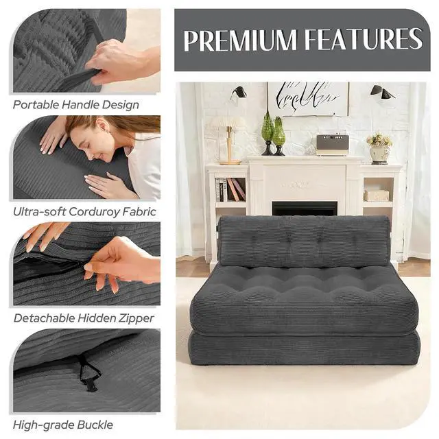Alt view image 6 of 7 - Folding Sofa Bed, Foldable Floor Sofa Lounge w/Dual-Pillow & Handle, Convertible Sleeper Chair Bed w/Back Support for Living Room, Bedroom, Apartment, Office, Grey, Full