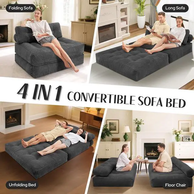Alt view image 7 of 7 - Folding Sofa Bed, Foldable Floor Sofa Lounge w/Dual-Pillow & Handle, Convertible Sleeper Chair Bed w/Back Support for Living Room, Bedroom, Apartment, Office, Grey, Full