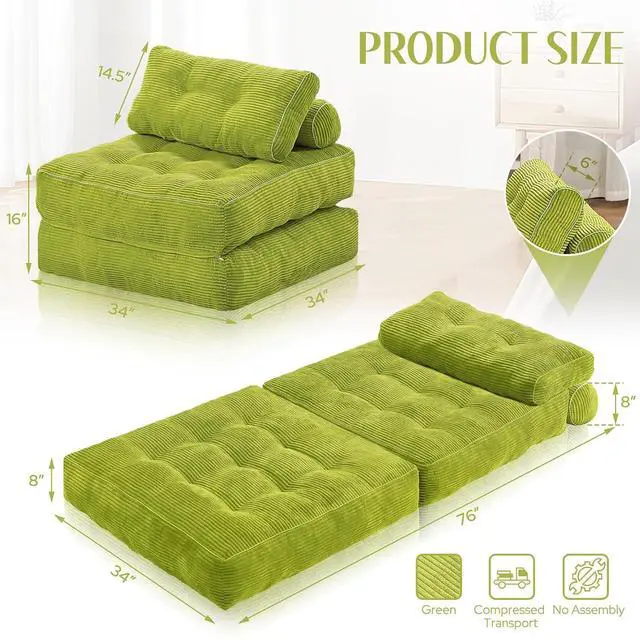 Alt view image 2 of 7 - Folding Sofa Bed, Convertible Sleeper Chair Bed w/Dual-Pillow & Handle, Foldable Floor Sofa Lounge w/Back Support for Living Room, Bedroom, Apartment, Office, Single, Green