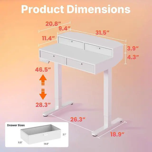 Alt view image 2 of 7 - 32 X 20 inch Electric Standing Desk with 4 Drawers, Adjustable Height Sit Stand Home Office Desk, C-Clamp Mount Compatible, Ergonomic Stand up Desk with 4 Preset Heights, White