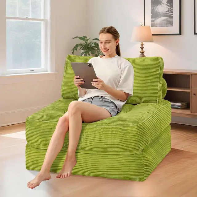 Alt view image 3 of 7 - Folding Sofa Bed, Convertible Sleeper Chair Bed w/Dual-Pillow & Handle, Foldable Floor Sofa Lounge w/Back Support for Living Room, Bedroom, Apartment, Office, Single, Green