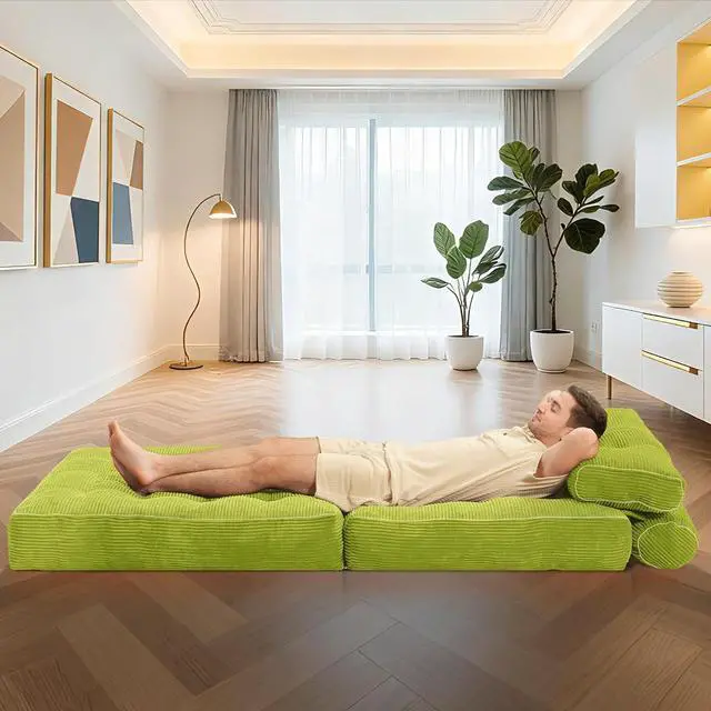 Alt view image 5 of 7 - Folding Sofa Bed, Convertible Sleeper Chair Bed w/Dual-Pillow & Handle, Foldable Floor Sofa Lounge w/Back Support for Living Room, Bedroom, Apartment, Office, Single, Green