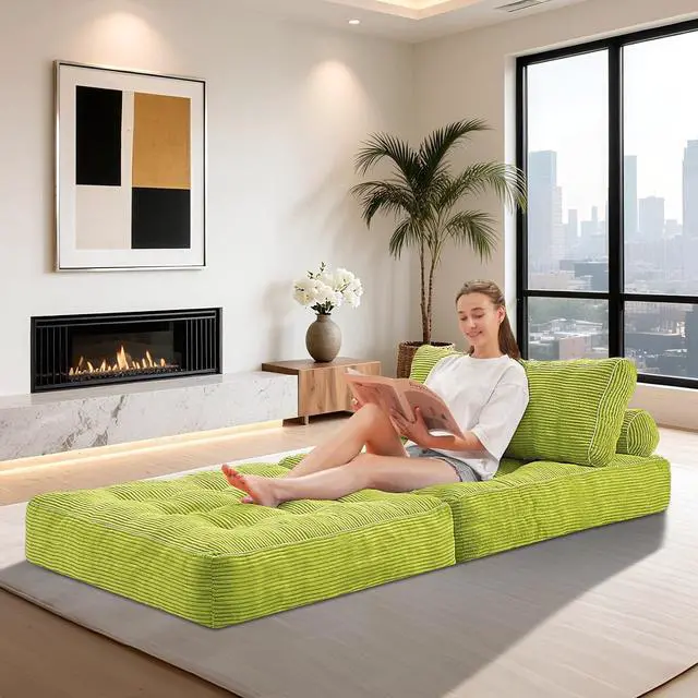Alt view image 4 of 7 - Folding Sofa Bed, Convertible Sleeper Chair Bed w/Dual-Pillow & Handle, Foldable Floor Sofa Lounge w/Back Support for Living Room, Bedroom, Apartment, Office, Single, Green