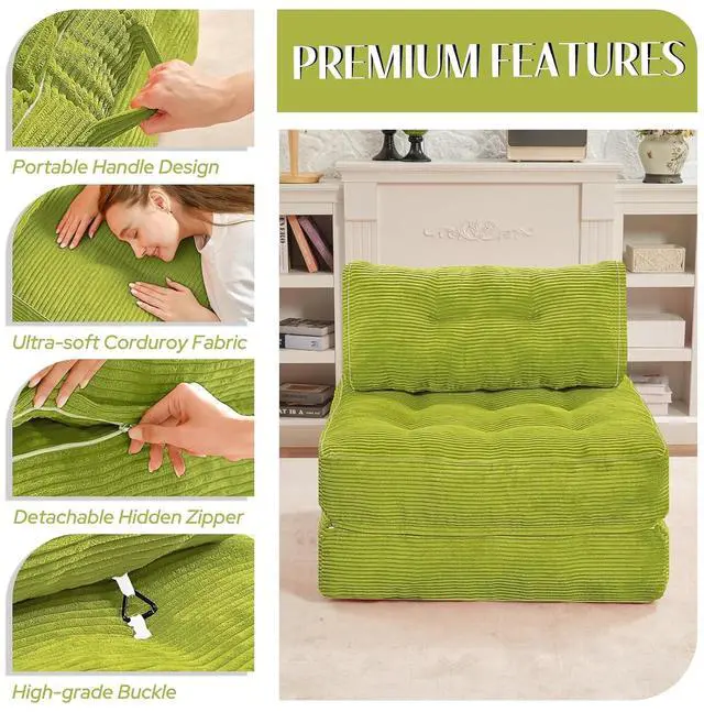 Alt view image 6 of 7 - Folding Sofa Bed, Convertible Sleeper Chair Bed w/Dual-Pillow & Handle, Foldable Floor Sofa Lounge w/Back Support for Living Room, Bedroom, Apartment, Office, Single, Green