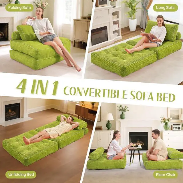 Alt view image 7 of 7 - Folding Sofa Bed, Convertible Sleeper Chair Bed w/Dual-Pillow & Handle, Foldable Floor Sofa Lounge w/Back Support for Living Room, Bedroom, Apartment, Office, Single, Green
