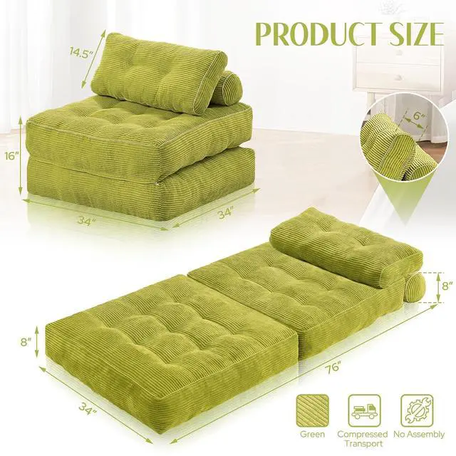 Alt view image 2 of 7 - Folding Sofa Bed, Convertible Sleeper Chair Bed w/Dual-Pillow & Handle, Foldable Floor Sofa Lounge w/Back Support for Living Room, Bedroom, Apartment, Office, Single, Dark Green