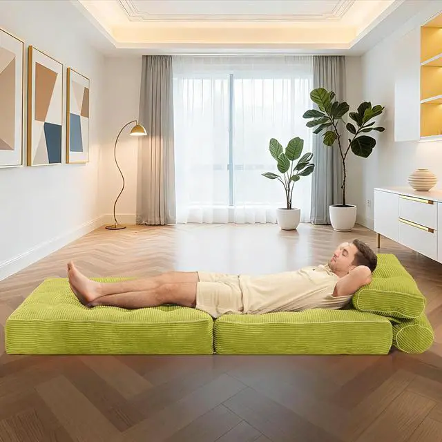 Alt view image 5 of 7 - Folding Sofa Bed, Convertible Sleeper Chair Bed w/Dual-Pillow & Handle, Foldable Floor Sofa Lounge w/Back Support for Living Room, Bedroom, Apartment, Office, Single, Dark Green