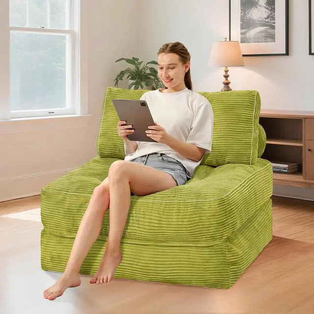 Alt view image 3 of 7 - Folding Sofa Bed, Convertible Sleeper Chair Bed w/Dual-Pillow & Handle, Foldable Floor Sofa Lounge w/Back Support for Living Room, Bedroom, Apartment, Office, Single, Dark Green