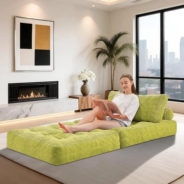 Alt view image 4 of 7 - Folding Sofa Bed, Convertible Sleeper Chair Bed w/Dual-Pillow & Handle, Foldable Floor Sofa Lounge w/Back Support for Living Room, Bedroom, Apartment, Office, Single, Dark Green