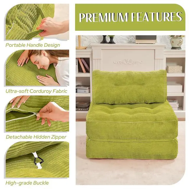 Alt view image 6 of 7 - Folding Sofa Bed, Convertible Sleeper Chair Bed w/Dual-Pillow & Handle, Foldable Floor Sofa Lounge w/Back Support for Living Room, Bedroom, Apartment, Office, Single, Dark Green
