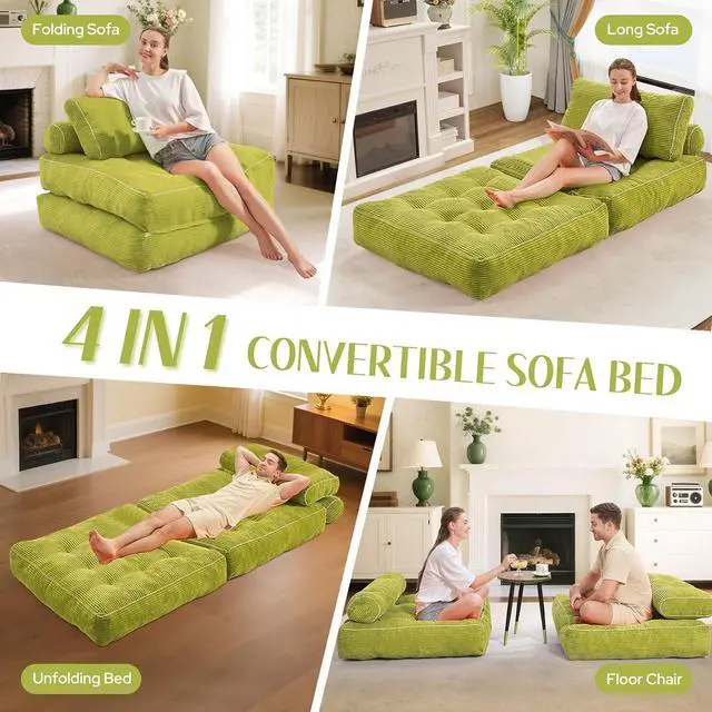 Alt view image 7 of 7 - Folding Sofa Bed, Convertible Sleeper Chair Bed w/Dual-Pillow & Handle, Foldable Floor Sofa Lounge w/Back Support for Living Room, Bedroom, Apartment, Office, Single, Dark Green