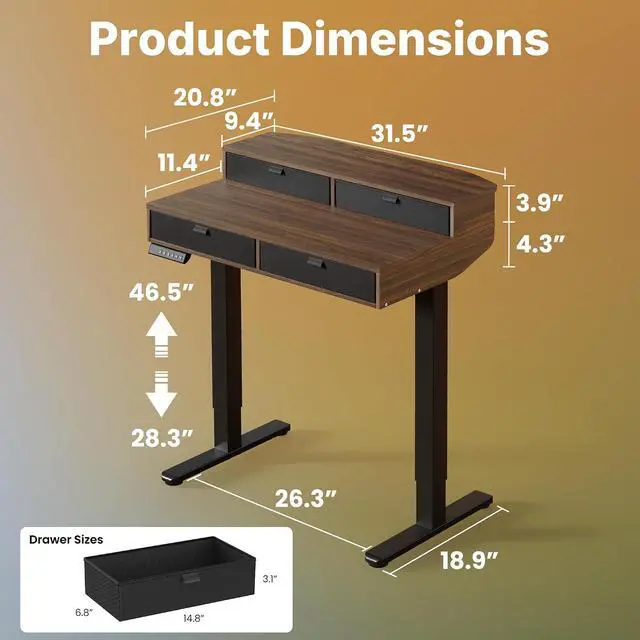 Alt view image 2 of 7 - 32 X 20 inch Electric Standing Desk with 4 Drawers, Adjustable Height Sit Stand Home Office Desk, C-Clamp Mount Compatible, Ergonomic Stand up Desk with 4 Preset Heights, Walnut