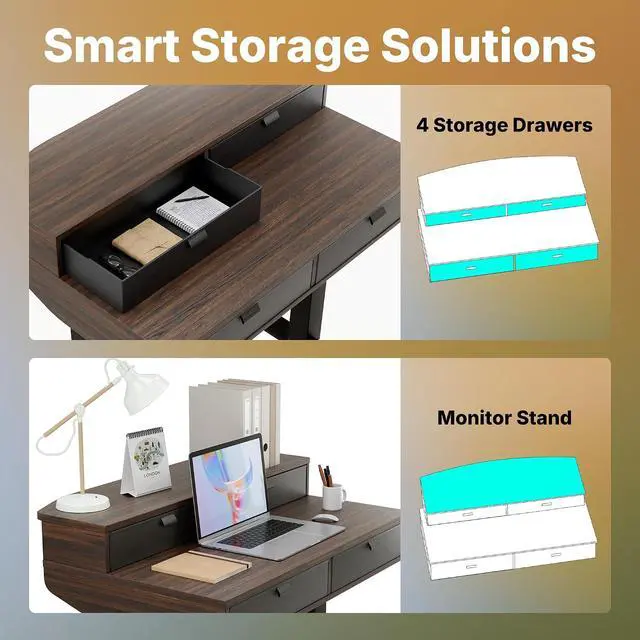 Alt view image 3 of 7 - 32 X 20 inch Electric Standing Desk with 4 Drawers, Adjustable Height Sit Stand Home Office Desk, C-Clamp Mount Compatible, Ergonomic Stand up Desk with 4 Preset Heights, Walnut
