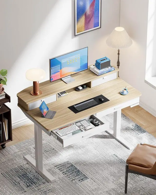 Alt view image 4 of 7 - 55 x 30 inch Electric Standing Desk with 2 Wood Drawers, Adjustable Height Sit Stand Desk for Home Office, Ergonomic Stand up Desk with 4 Memory Presets, 176 lbs Capacity, Natural Top