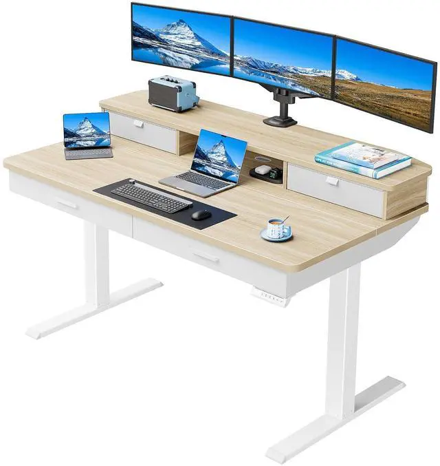Main image of 55 x 30 inch Electric Standing Desk with 2 Wood Drawers, Adjustable Height Sit Stand Desk for Home Office, Ergonomic Stand up Desk with 4 Memory Presets, 176 lbs Capacity, Natural Top