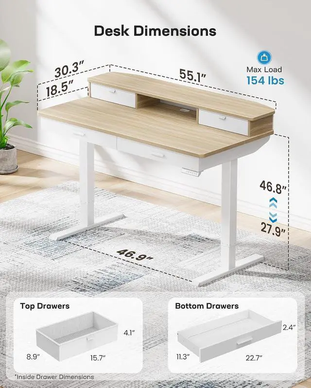 Alt view image 3 of 7 - 55 x 30 inch Electric Standing Desk with 2 Wood Drawers, Adjustable Height Sit Stand Desk for Home Office, Ergonomic Stand up Desk with 4 Memory Presets, 176 lbs Capacity, Natural Top