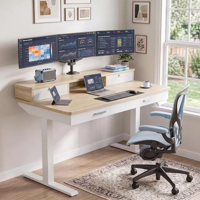 Alt view image 2 of 7 - 55 x 30 inch Electric Standing Desk with 2 Wood Drawers, Adjustable Height Sit Stand Desk for Home Office, Ergonomic Stand up Desk with 4 Memory Presets, 176 lbs Capacity, Natural Top