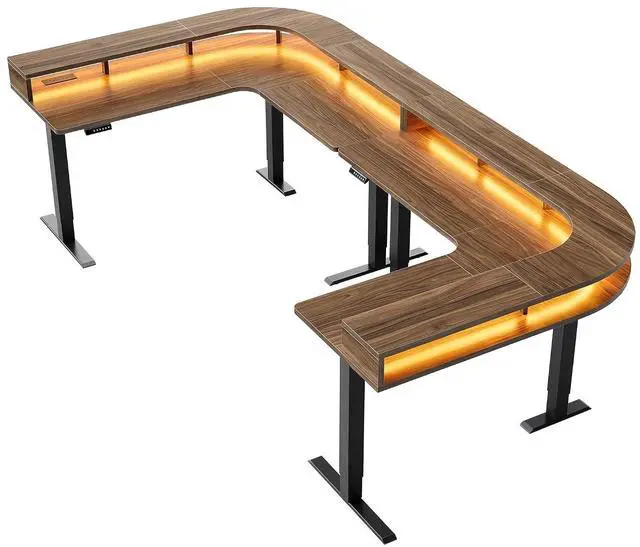 Main image of U-Shape Standing Desk with LED Strip & Power Outrlets, 2-Tier Height Adjustable Sit Stand up Gaming Desk with Power Strip Holder, Large Computer Table for Home Office, Walnut