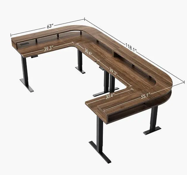 Alt view image 2 of 7 - U-Shape Standing Desk with LED Strip & Power Outrlets, 2-Tier Height Adjustable Sit Stand up Gaming Desk with Power Strip Holder, Large Computer Table for Home Office, Walnut