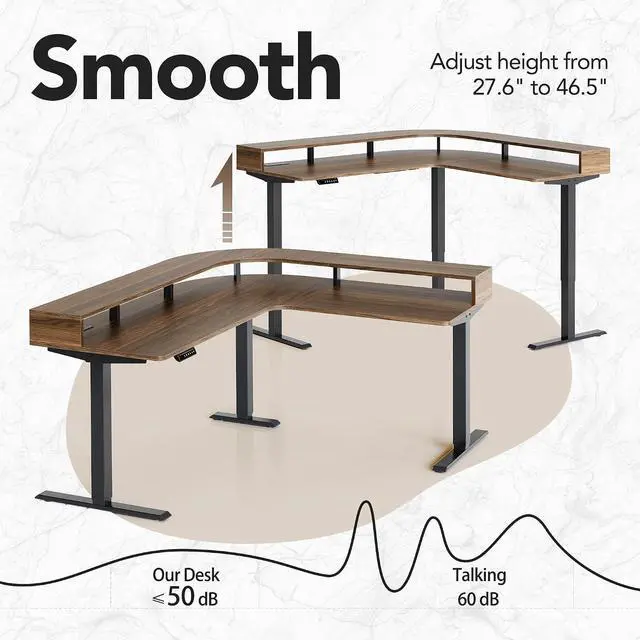 Alt view image 3 of 7 - U-Shape Standing Desk with LED Strip & Power Outrlets, 2-Tier Height Adjustable Sit Stand up Gaming Desk with Power Strip Holder, Large Computer Table for Home Office, Walnut