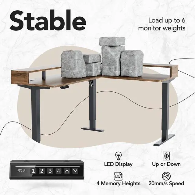 Alt view image 4 of 7 - U-Shape Standing Desk with LED Strip & Power Outrlets, 2-Tier Height Adjustable Sit Stand up Gaming Desk with Power Strip Holder, Large Computer Table for Home Office, Walnut