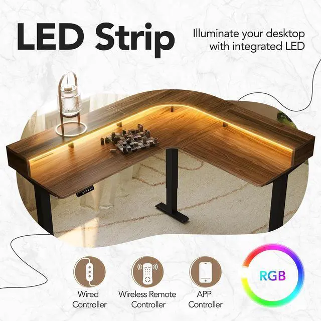 Alt view image 5 of 7 - U-Shape Standing Desk with LED Strip & Power Outrlets, 2-Tier Height Adjustable Sit Stand up Gaming Desk with Power Strip Holder, Large Computer Table for Home Office, Walnut