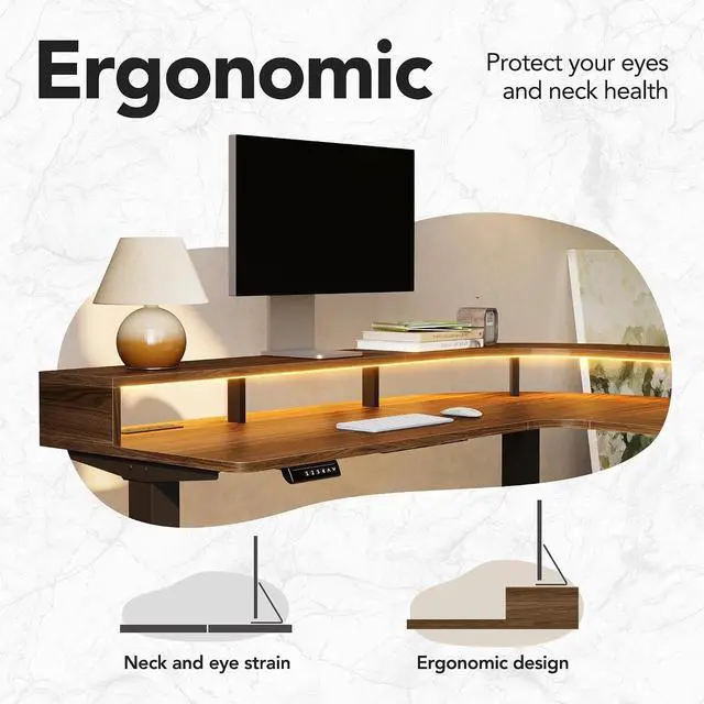 Alt view image 7 of 7 - U-Shape Standing Desk with LED Strip & Power Outrlets, 2-Tier Height Adjustable Sit Stand up Gaming Desk with Power Strip Holder, Large Computer Table for Home Office, Walnut