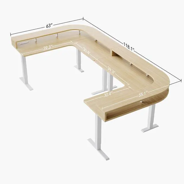 Alt view image 2 of 7 - U-Shape Standing Desk with LED Strip & Power Outrlets, 2-Tier Height Adjustable Sit Stand up Gaming Desk with Power Strip Holder, Large Computer Table for Home Office, Light Walnut