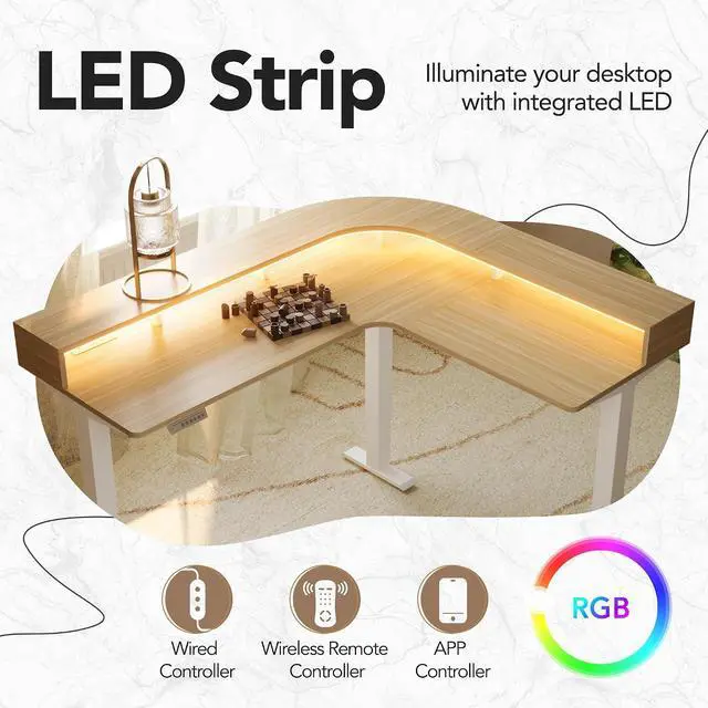 Alt view image 4 of 7 - U-Shape Standing Desk with LED Strip & Power Outrlets, 2-Tier Height Adjustable Sit Stand up Gaming Desk with Power Strip Holder, Large Computer Table for Home Office, Light Walnut