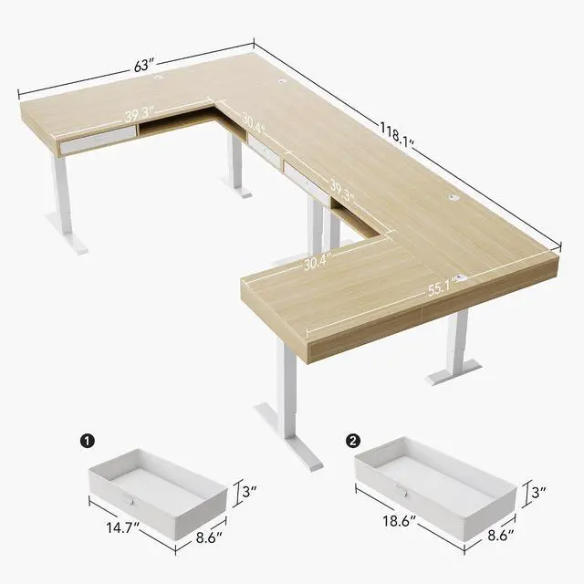 Alt view image 2 of 7 - U-Shaped Electric Standing Desk with Storage Drawers, Adjustable Height Ergonomic Gaming Desk, Large Sit Stand Up Desk with Power Strip Tray & Cable Grommets for Home Office, Light Walnut