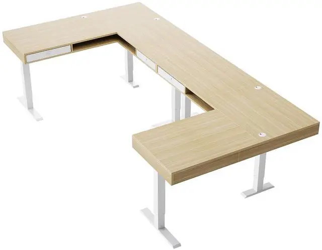 Main image of U-Shaped Electric Standing Desk with Storage Drawers, Adjustable Height Ergonomic Gaming Desk, Large Sit Stand Up Desk with Power Strip Tray & Cable Grommets for Home Office, Light Walnut