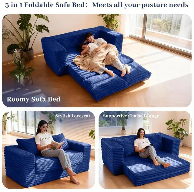 Alt view image 4 of 7 - 62" Small Boneless Couch,3-in-1 Convertible Folding Sofa Bed, Corduroy Loveseat Sofa Bed w/2 Pillows for Living Room/Guest Room No Assembly Required, Blue