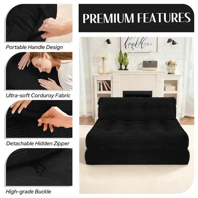 Alt view image 6 of 7 - Folding Sofa Bed, Foldable Floor Sofa Lounge w/Dual-Pillow & Handle, Convertible Sleeper Chair Bed w/Back Support for Living Room, Bedroom, Apartment, Office, Black, Full