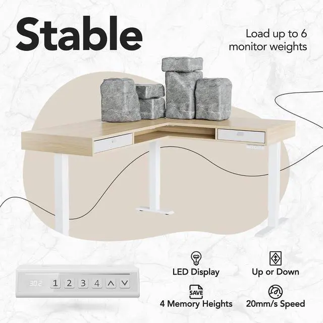Alt view image 5 of 7 - U-Shaped Electric Standing Desk with Storage Drawers, Adjustable Height Ergonomic Gaming Desk, Large Sit Stand Up Desk with Power Strip Tray & Cable Grommets for Home Office, Light Walnut