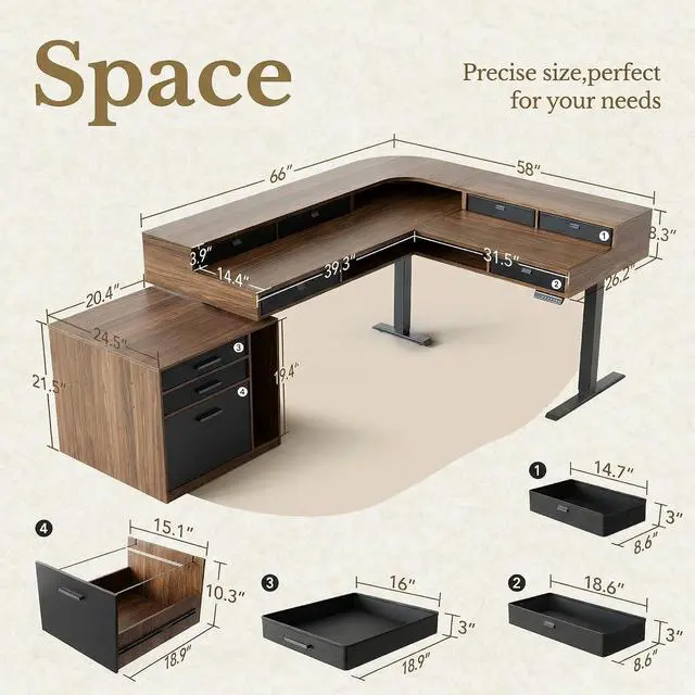 Alt view image 2 of 7 - 66"x58" Executive L-Shaped Standing Desk with 9 Drawers and File Cabinet, Electric Stand Up Corner Desk with Storage, Height Adjustable Desk for Home and Office, Black Walnut
