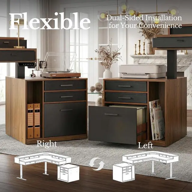 Alt view image 4 of 7 - 66"x58" Executive L-Shaped Standing Desk with 9 Drawers and File Cabinet, Electric Stand Up Corner Desk with Storage, Height Adjustable Desk for Home and Office, Black Walnut