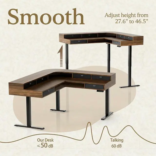 Alt view image 7 of 7 - 66"x58" Executive L-Shaped Standing Desk with 9 Drawers and File Cabinet, Electric Stand Up Corner Desk with Storage, Height Adjustable Desk for Home and Office, Black Walnut
