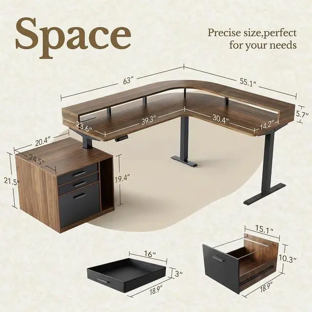 Alt view image 2 of 7 - 63"x55" Executive L-Shaped Standing Desk with 3 Drawers, Led Light and File Cabinet, Electric Stand Up Corner Desk with Storage, Height Adjustable Desk for Home and Office, Black Walnut