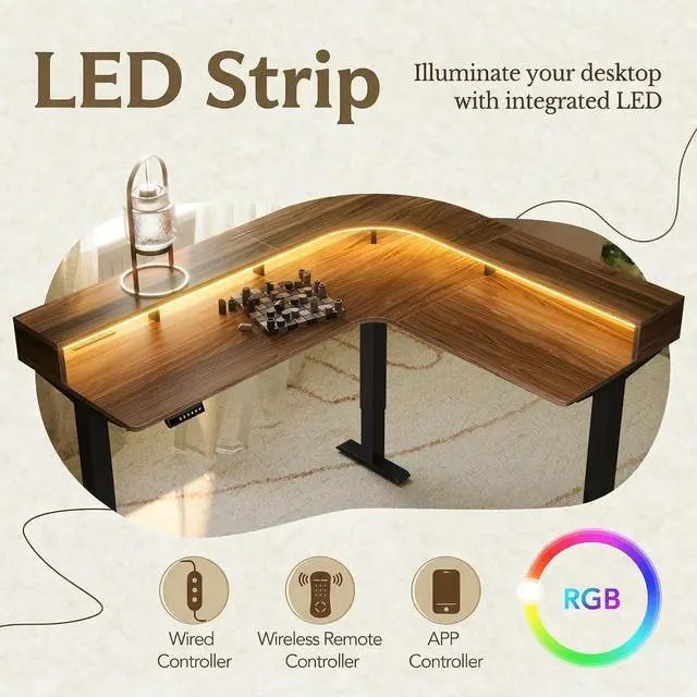 Alt view image 3 of 7 - 63"x55" Executive L-Shaped Standing Desk with 3 Drawers, Led Light and File Cabinet, Electric Stand Up Corner Desk with Storage, Height Adjustable Desk for Home and Office, Black Walnut