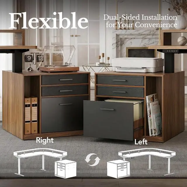 Alt view image 4 of 7 - 63"x55" Executive L-Shaped Standing Desk with 3 Drawers, Led Light and File Cabinet, Electric Stand Up Corner Desk with Storage, Height Adjustable Desk for Home and Office, Black Walnut