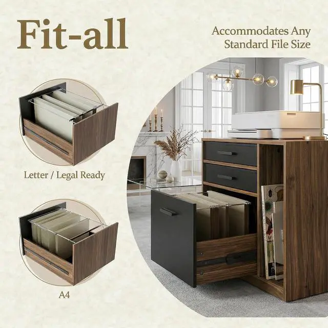 Alt view image 6 of 7 - 63"x55" Executive L-Shaped Standing Desk with 3 Drawers, Led Light and File Cabinet, Electric Stand Up Corner Desk with Storage, Height Adjustable Desk for Home and Office, Black Walnut