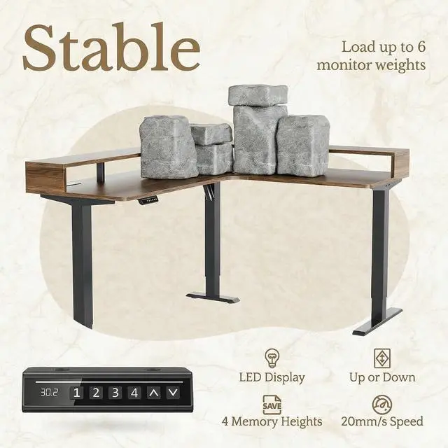 Alt view image 7 of 7 - 63"x55" Executive L-Shaped Standing Desk with 3 Drawers, Led Light and File Cabinet, Electric Stand Up Corner Desk with Storage, Height Adjustable Desk for Home and Office, Black Walnut