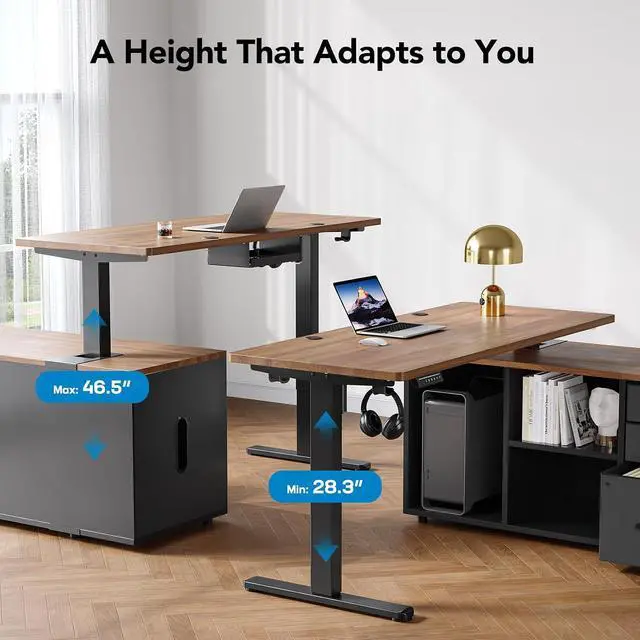 Alt view image 3 of 7 - 55 Inch L Shaped Standing Desk with Drawers, Electric Executive Desk with File Cabinet Sets, Adjustable Height Stand Up Desk, Home Office Computer Desk with 4 Memory Presets, Walnut