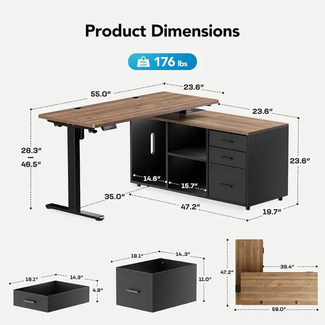 Alt view image 2 of 7 - 55 Inch L Shaped Standing Desk with Drawers, Electric Executive Desk with File Cabinet Sets, Adjustable Height Stand Up Desk, Home Office Computer Desk with 4 Memory Presets, Walnut