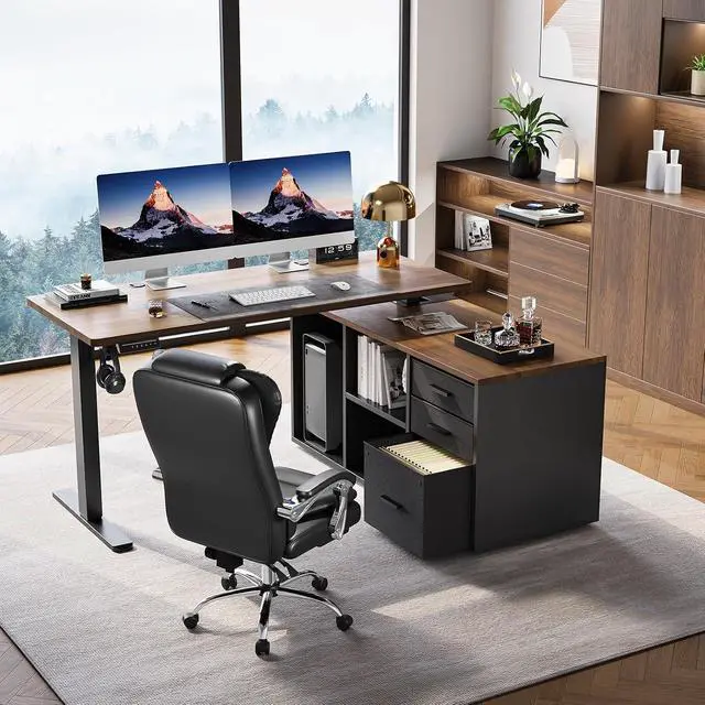Alt view image 5 of 7 - 55 Inch L Shaped Standing Desk with Drawers, Electric Executive Desk with File Cabinet Sets, Adjustable Height Stand Up Desk, Home Office Computer Desk with 4 Memory Presets, Walnut