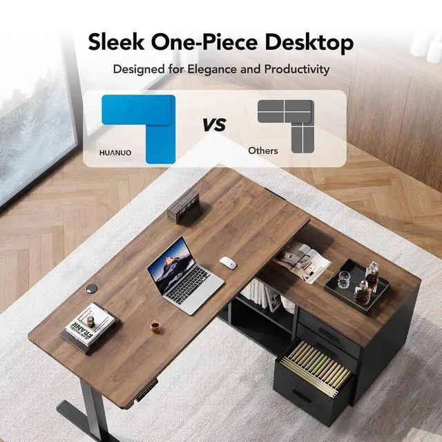 Alt view image 6 of 7 - 55 Inch L Shaped Standing Desk with Drawers, Electric Executive Desk with File Cabinet Sets, Adjustable Height Stand Up Desk, Home Office Computer Desk with 4 Memory Presets, Walnut